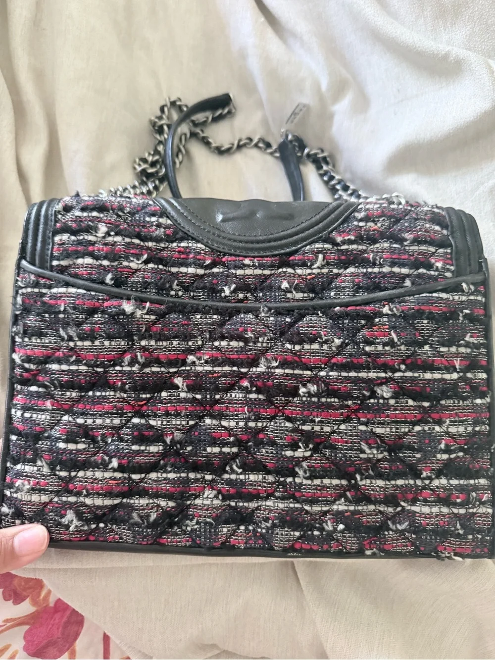 Tory Burch Black, Pink and White Tweed Chain Crossbody